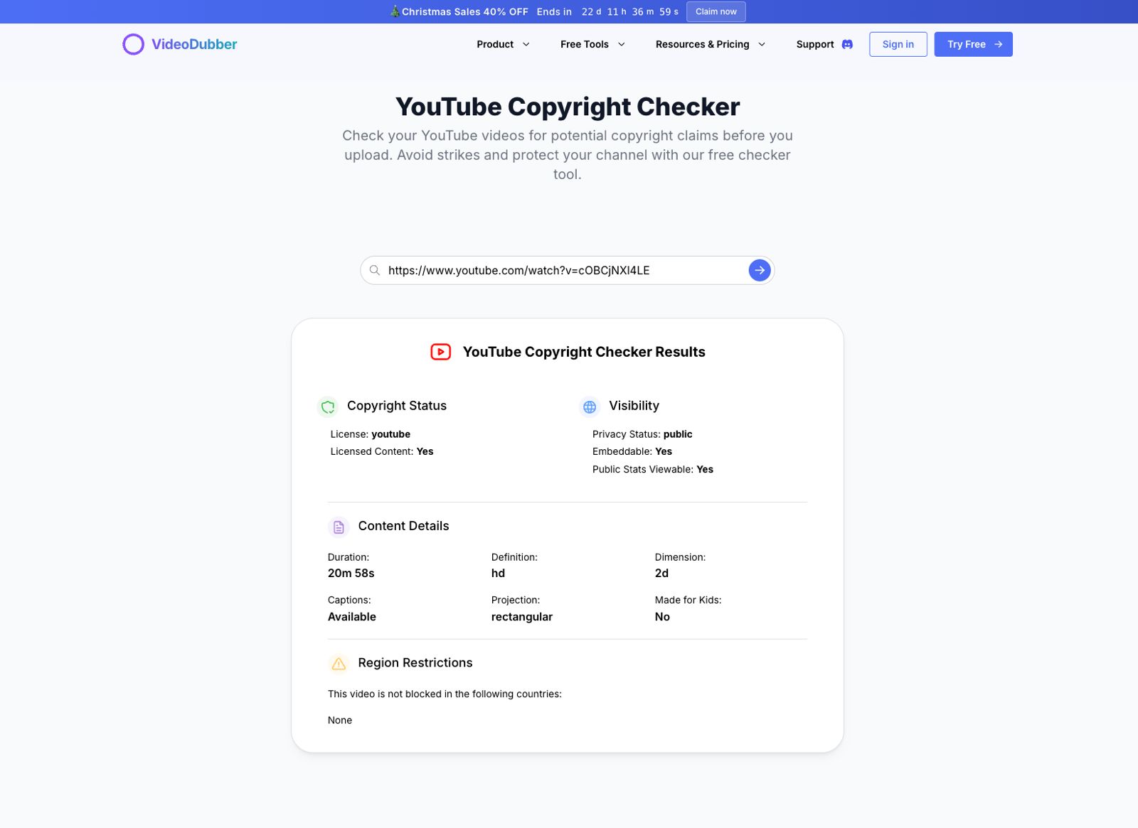 VideoDubber's YouTube Copyright Checker screenshot